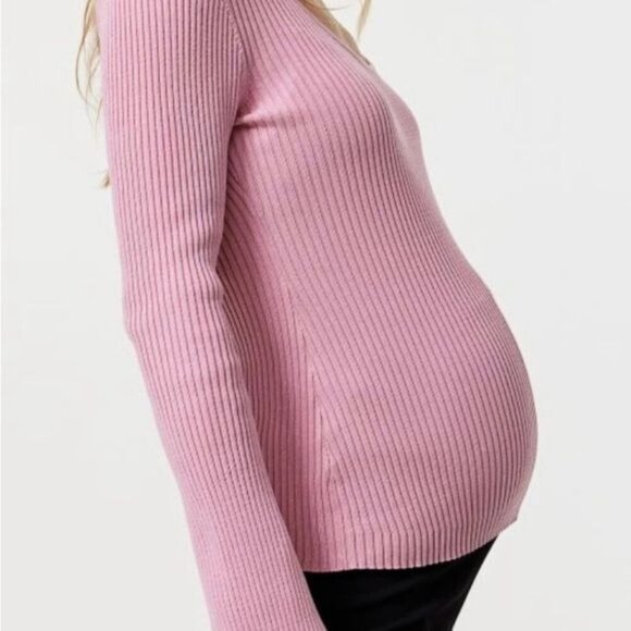 H&M MAMA sweater women’s size S Pink LONG BELL SLEEVE , SLITS , Cable RIBBED NWT - Picture 2 of 10